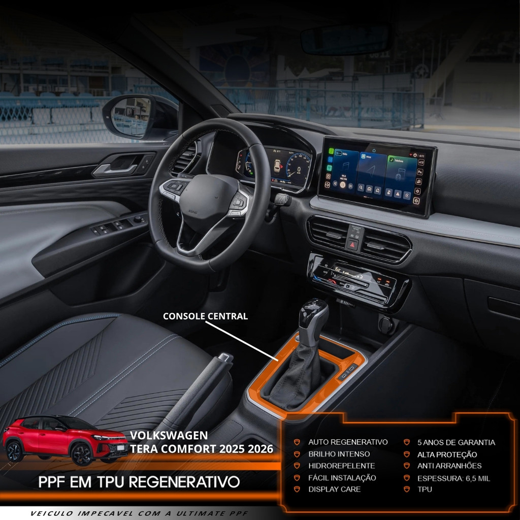 Película PPF Proteção Kit Console Central VW Tera Comfort 2025 2026 Transparente TPU Anti Risco