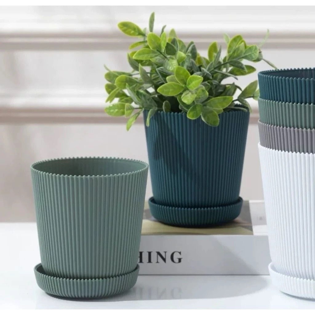 Vaso para Plantas Cachepô Decorativo Plástico Estriado com Bandeja para Sala Escritório