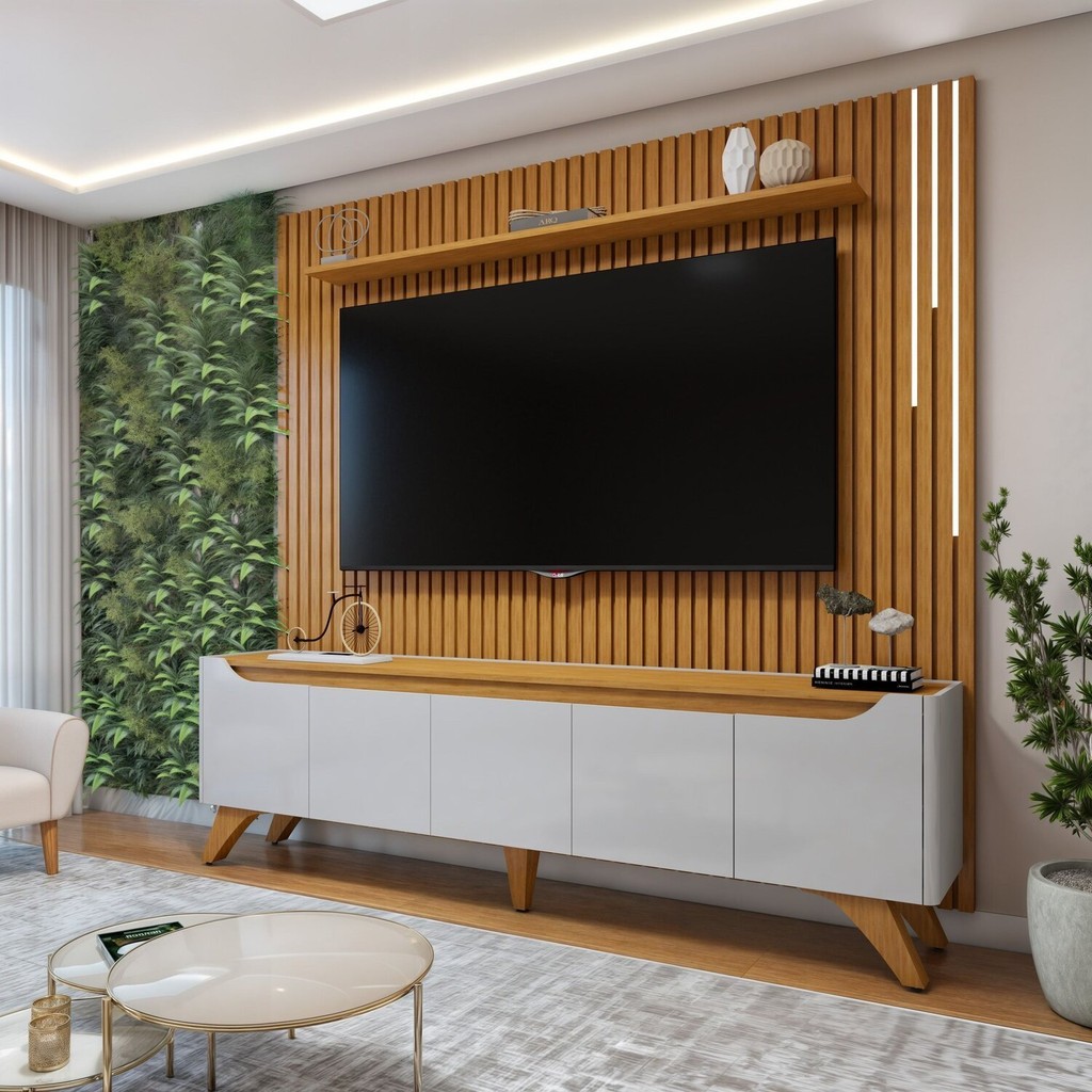 Rack Painel Ripado para TV até 75 Polegadas com LED MDF 228cmx310,5cm Pés em Madeira Maciça Grécia Paris Bege Off