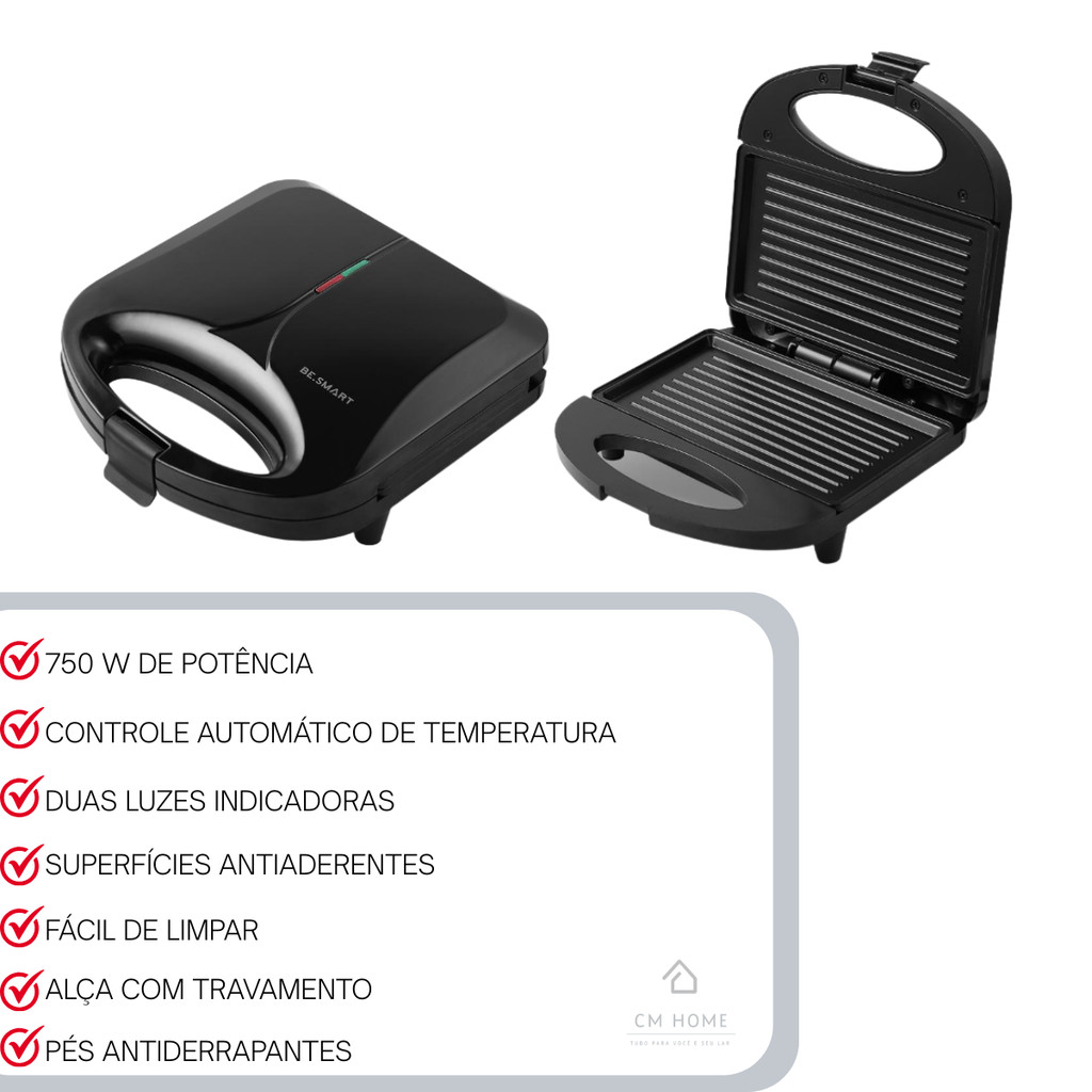 Sanduicheira Grill Elétrica Be Smart 750W Antiaderente 127V