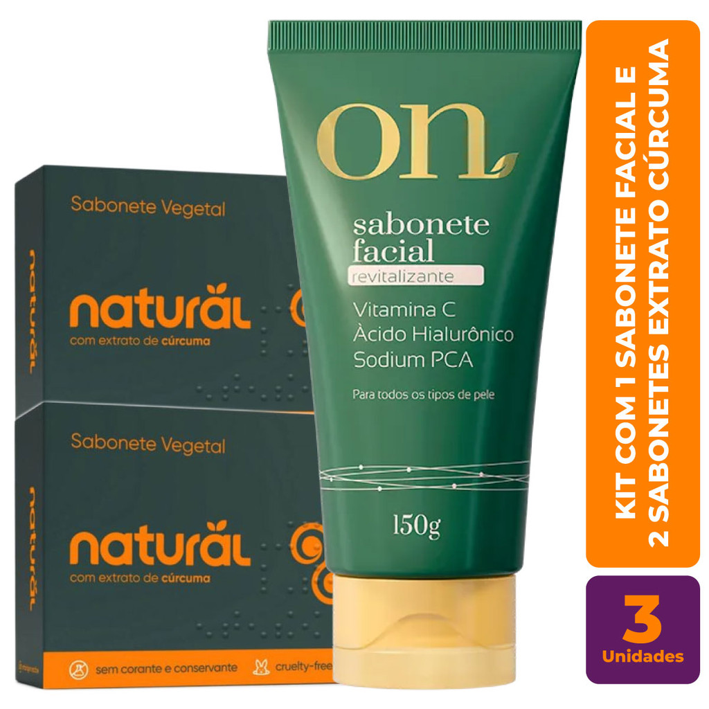 Kit c/ 2 Sabonete Cúrcuma e 1 Sabonete Vegano Facial ON Limpeza Profunda 150g - Orgânico Natural