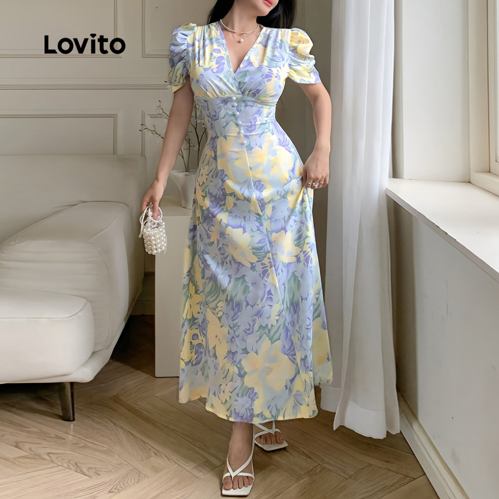 Detalhes do Lovito Roupas Elegantes com Flores Relaxamento Confortável e Macio Vestido de Primavera/Verão L138ED345