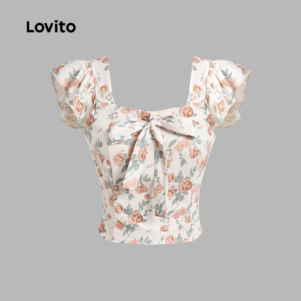 Detalhes do Lovito Blusa Boho com Laço Suave e Confortável Blusa de Primavera/verão para Mulheres L137ED095