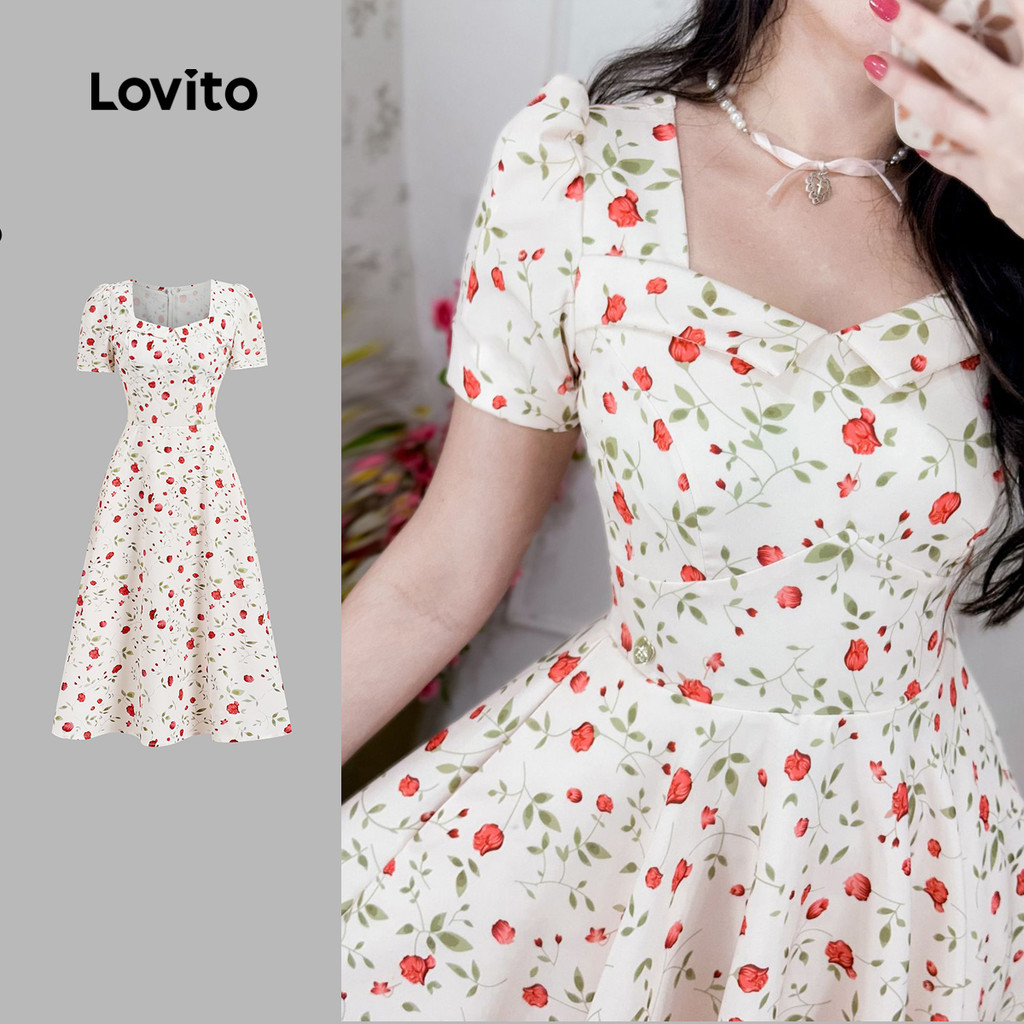 Lovito Vestido Boho com Gola Contrastante Linha de Estrutura Zíper Primavera/verão branco L142ED351 em Oferta na Shopee