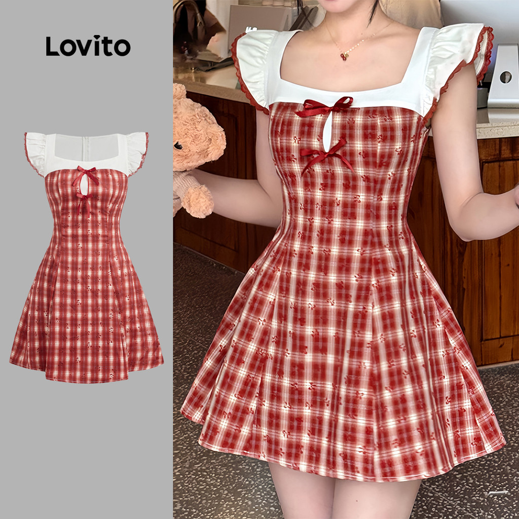 (New) Lovito Vestido Bonito com Laço de Renda Primavera/verão Vermelho para Mulheres L144AD382 em Oferta na Shopee