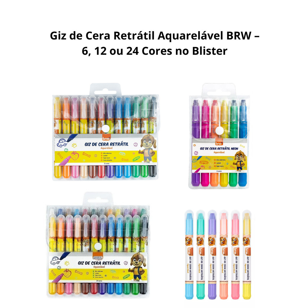 Giz de Cera Retrátil Aquarelável BRW – 6, 12 ou 24 Cores no Blister em Oferta na Shopee
