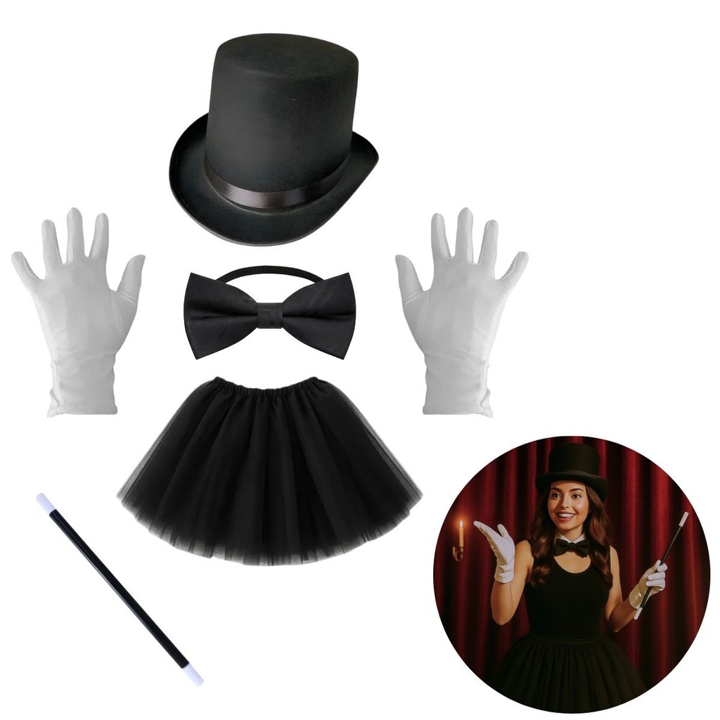 Kit Magico Fantasia Feminina Halloween Cartola Saia Tutu Luva Branca Gravata Varinha Mágica Festa