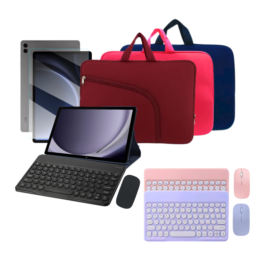 Kit Funcional p/ Tablet Samsung S9FE com Case Protetora + Teclado e Mouse Bluetooth + Película de Vidro