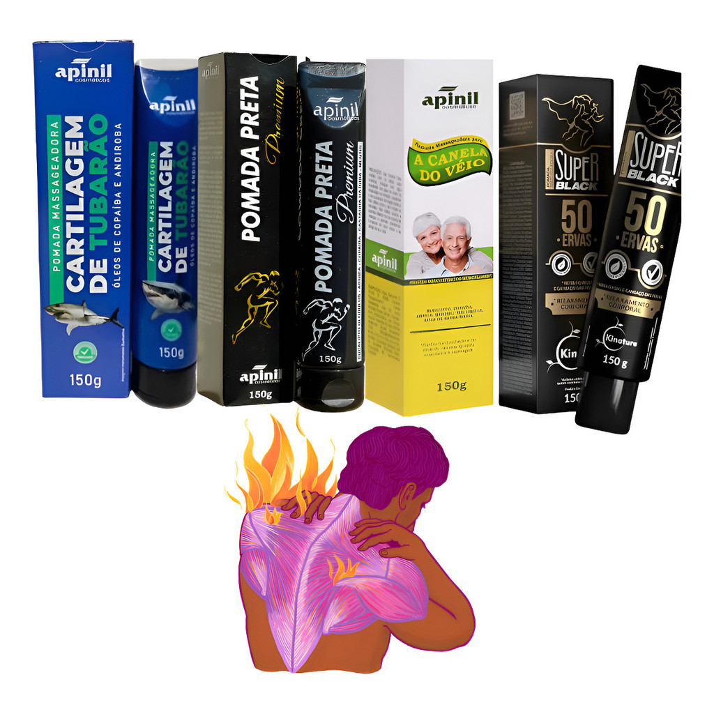 Kit 4 Pomadas Tubarão, Preta Premium, Canela Véio E 50 Ervas alivio imediato para dores musculares em Oferta na Shopee