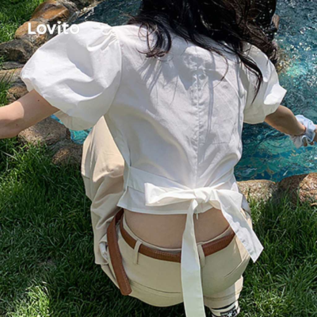 Detalhes do Lovito Blusa Fofa de Renda com Laço Nas Costas Primavera/verão Blusa Branca para Mulheres L144AD165