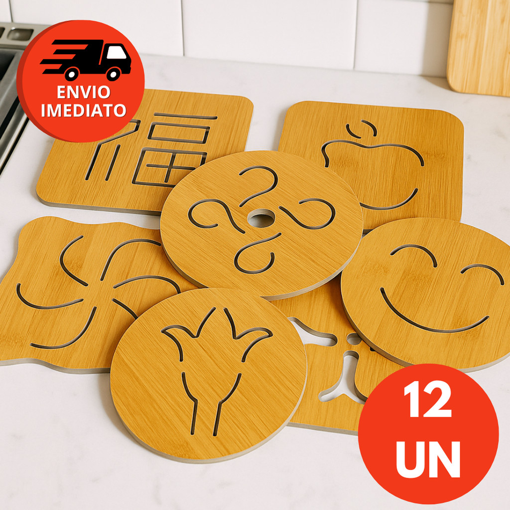 Kit Descanso De Panela Bambu Protege Mesa E Bancada 02 Formatos Quadrado Redondo Desenhos Diversos