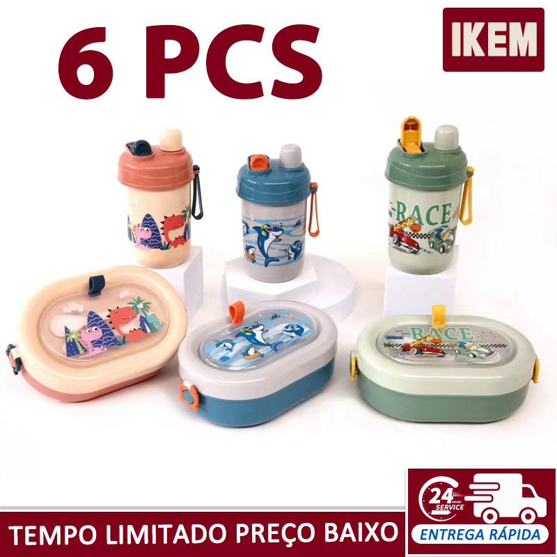 6 Peças Plastic Cute Kids Boys Compartment Lunch Boxes With Water Bottle Set For School Children