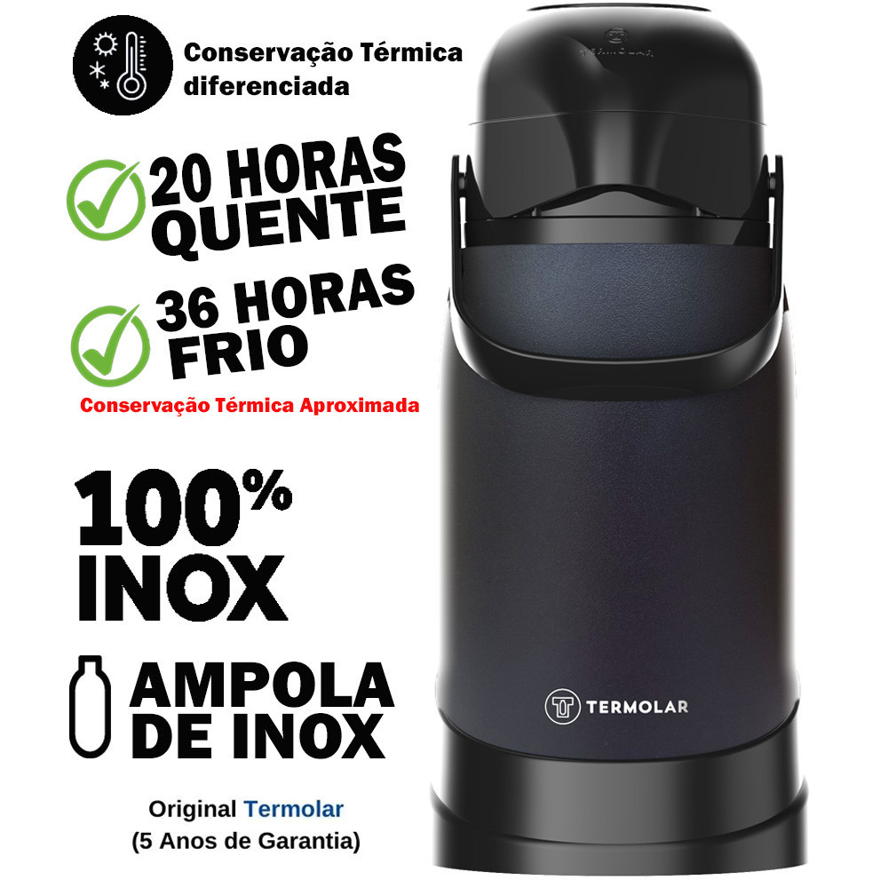 Detalhes do Garrafa Térmica 100% Inox Preta Revolution 1.2l Com Bomba Termolar