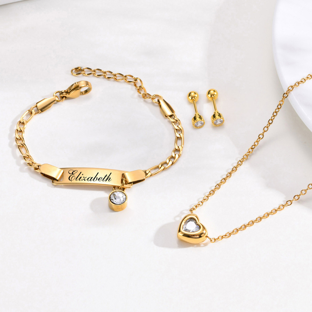 Conjunto De Joias 3 Em 1 Ouro 18K Vnox Para Crianças , Personalizado Cúbico De Zircônia , Brinco Infantil De Aço Inoxidá em Oferta na Shopee