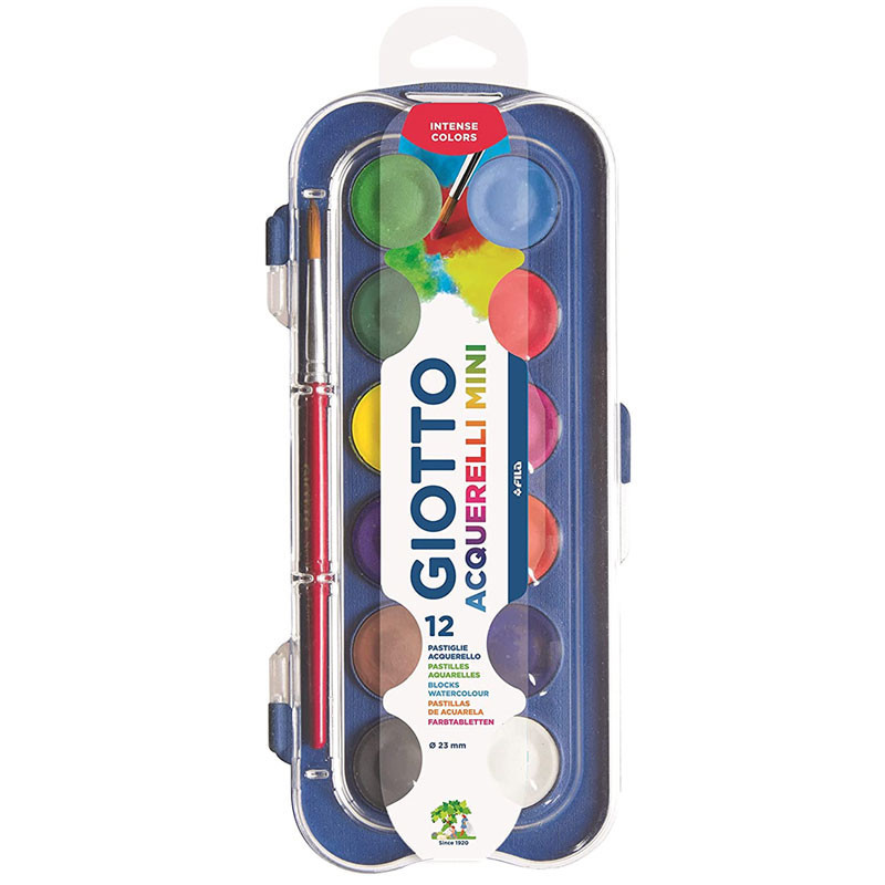 Aquarela mini Giotto pastilha 12 cores + 1 pincel Licyn em Oferta na Shopee