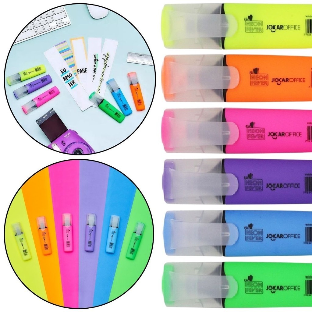 Marca Texto Neon Fever Estojo com 6 Unidades Jocar Office Cores Vibrantes Escritorio Escolar