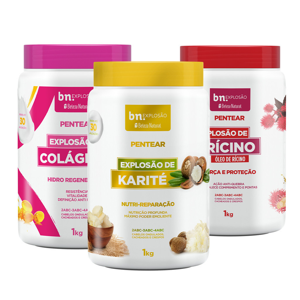 Kit Beleza Natural Pentear Colágeno + Karité + Rícino 1Kg bn.Explosão em Oferta na Shopee