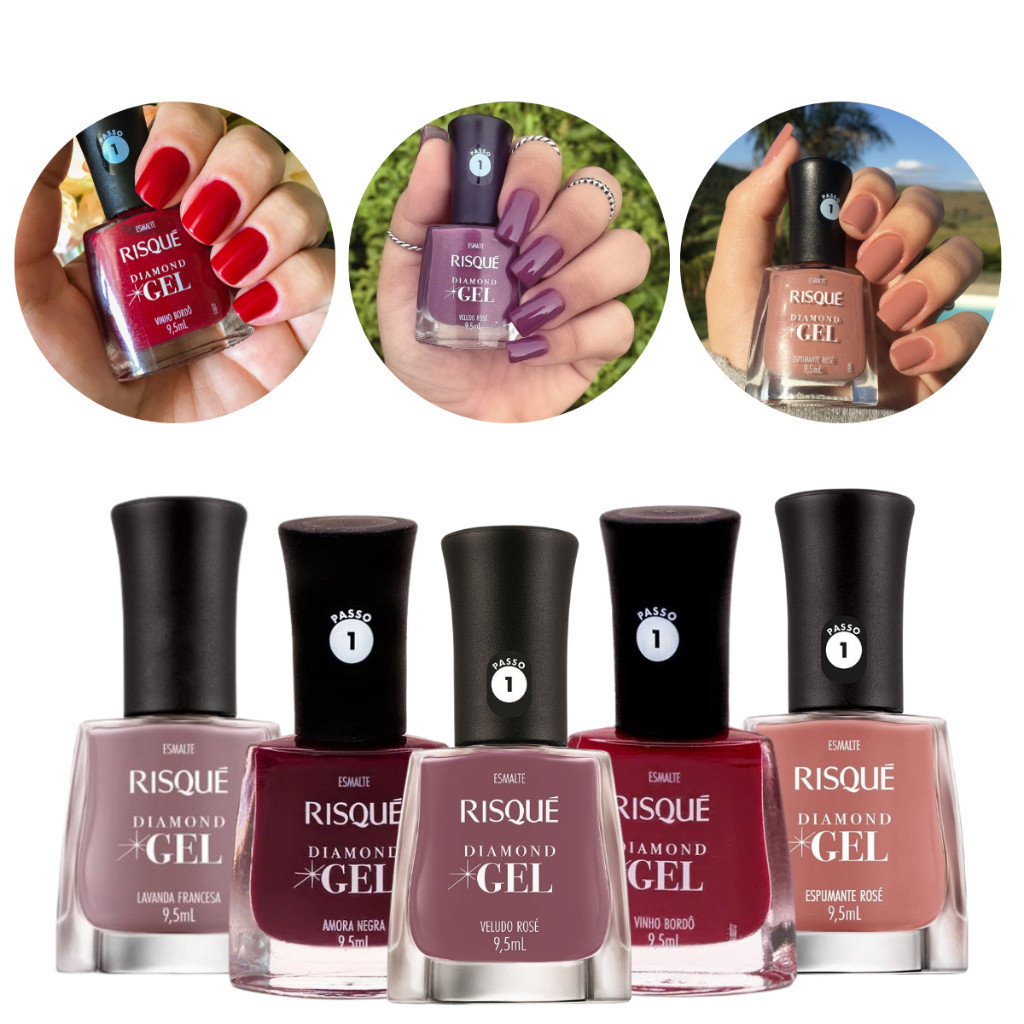 Kit 5 Esmaltes Risque Cores Nude Rose Coleção Diamond Gel Hipoalergênico