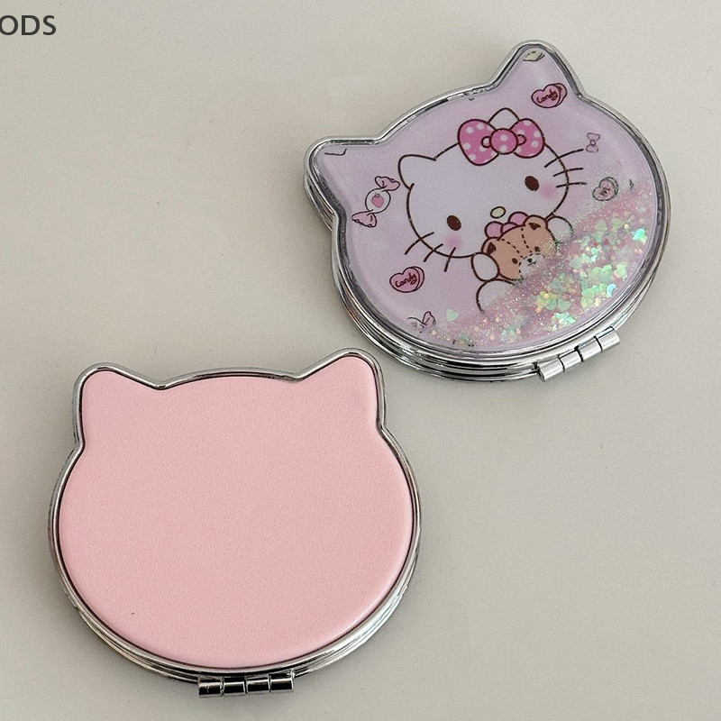 ODS Kawaii Hello Kitty Maquiagem Dupla Face Espelho Portátil De Areia Movediça Lantejoulas Cartoon Girl Gift Pocket OD