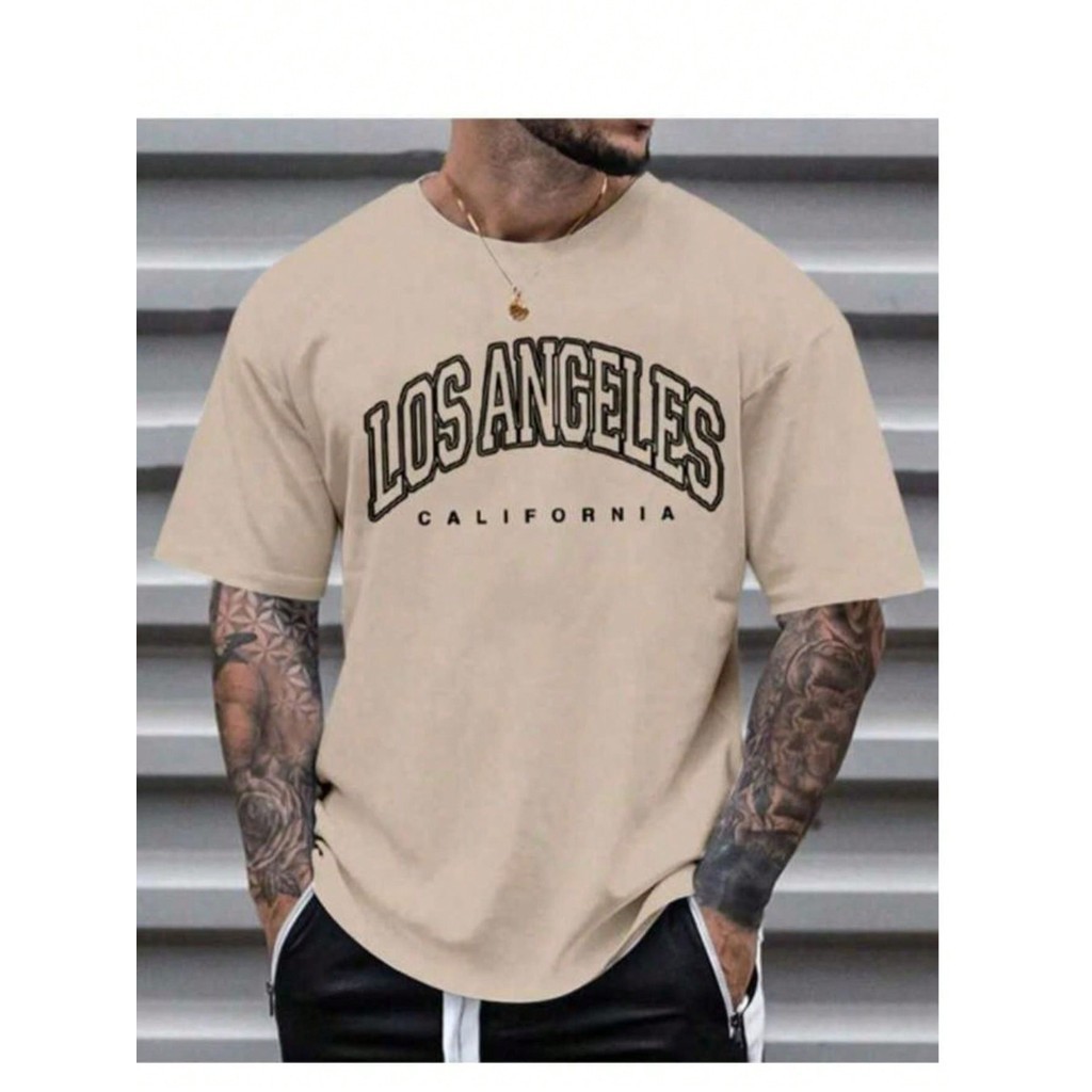 Camiseta Camisa Masculina Streetwear Oversized Los Angeles California Estilo Largo Bege Marrom