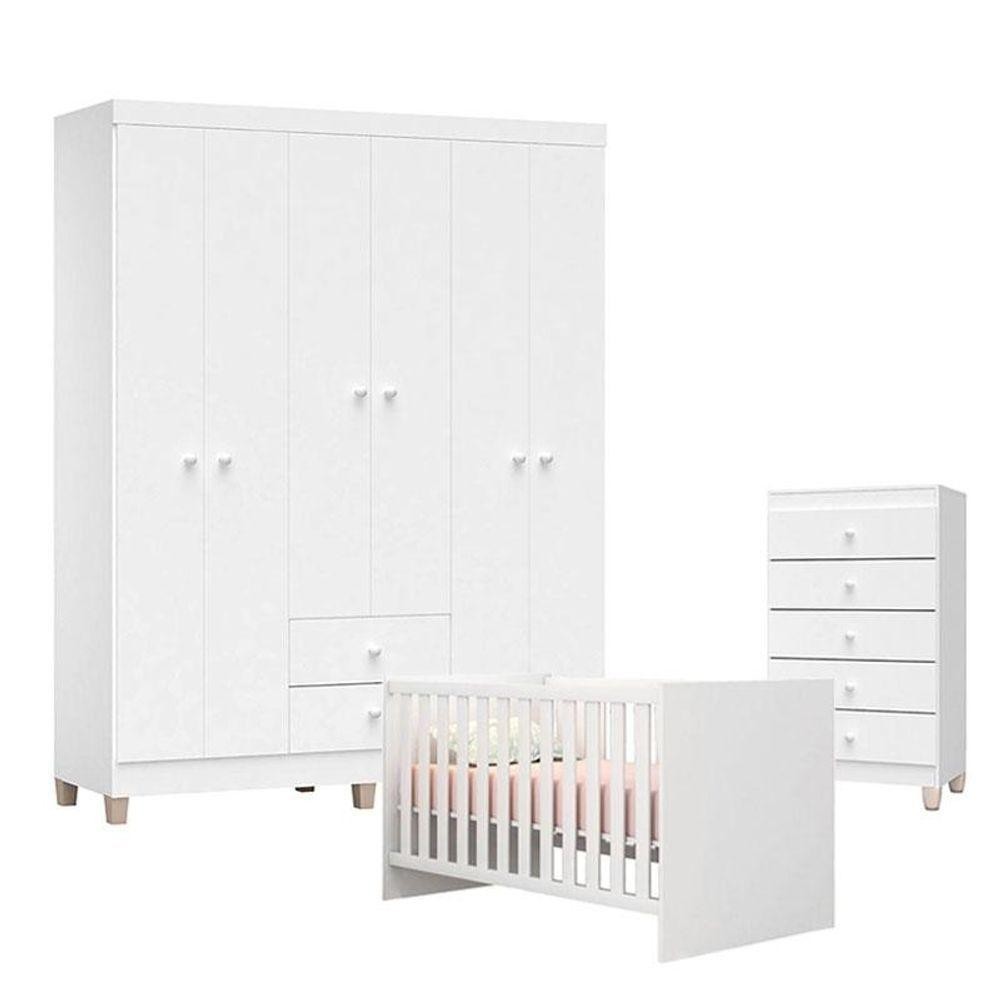 Quarto De Bebê Ternura Baby 6 Portas Com Cômoda Gaveteiro Branco Brilho - Incorplac - Mom & Baby