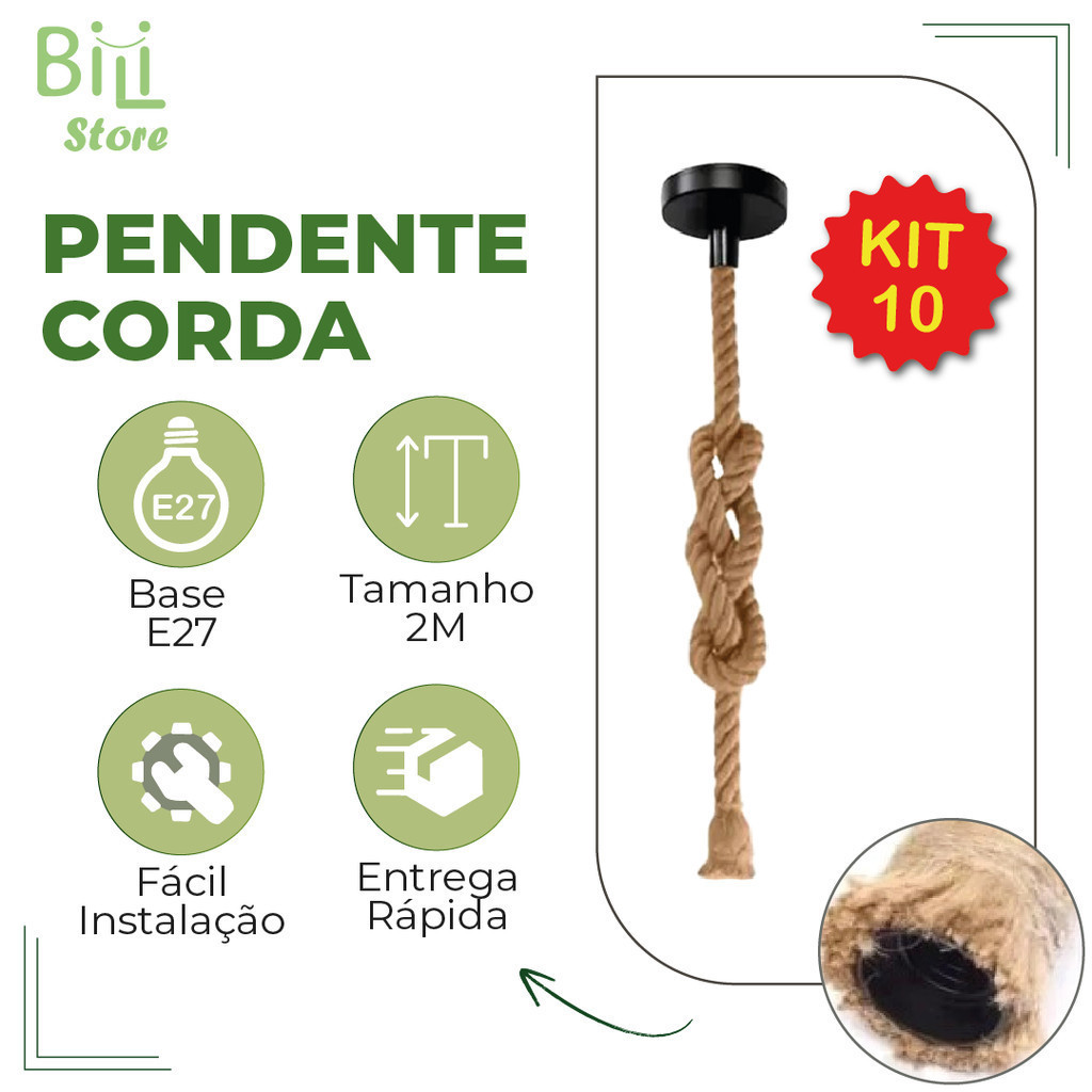 Kit 10 Pendente Corda 2M Retro Vintage Rústico Sisal E27 Para Decoração Com Detalhes Pérola Preta