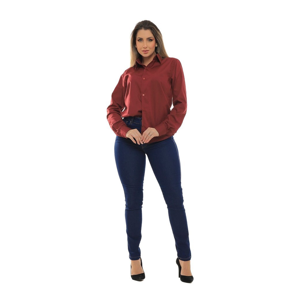 Kit Feminino 2 peças - Calça Feminina Skinny Jeans Escuro e Camisa Social Feminina Slim Vinho