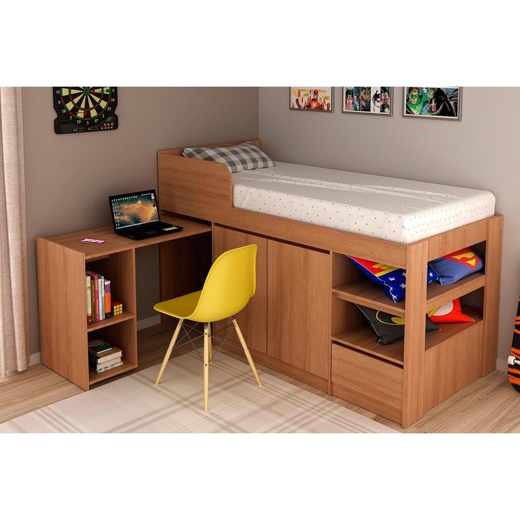 Cama Solteiro CM8021 Multifuncional c/ Escrivaninha Amêndoa - Tecno Mobili em Oferta na Shopee