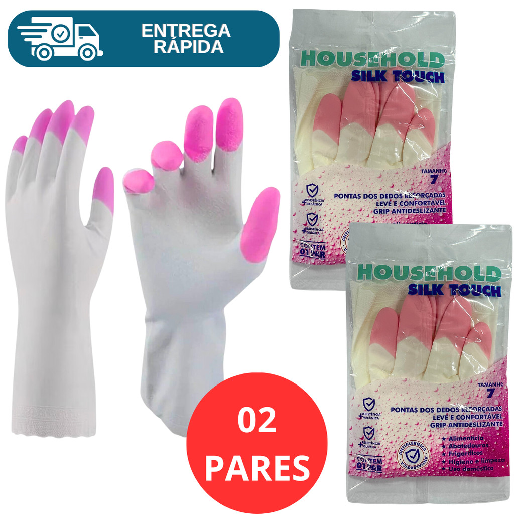 Kit 2 Prs Luva Antialérgica Limpeza Pesada Grossa Reforçada Lavar Louça Silk Touch Super Safety