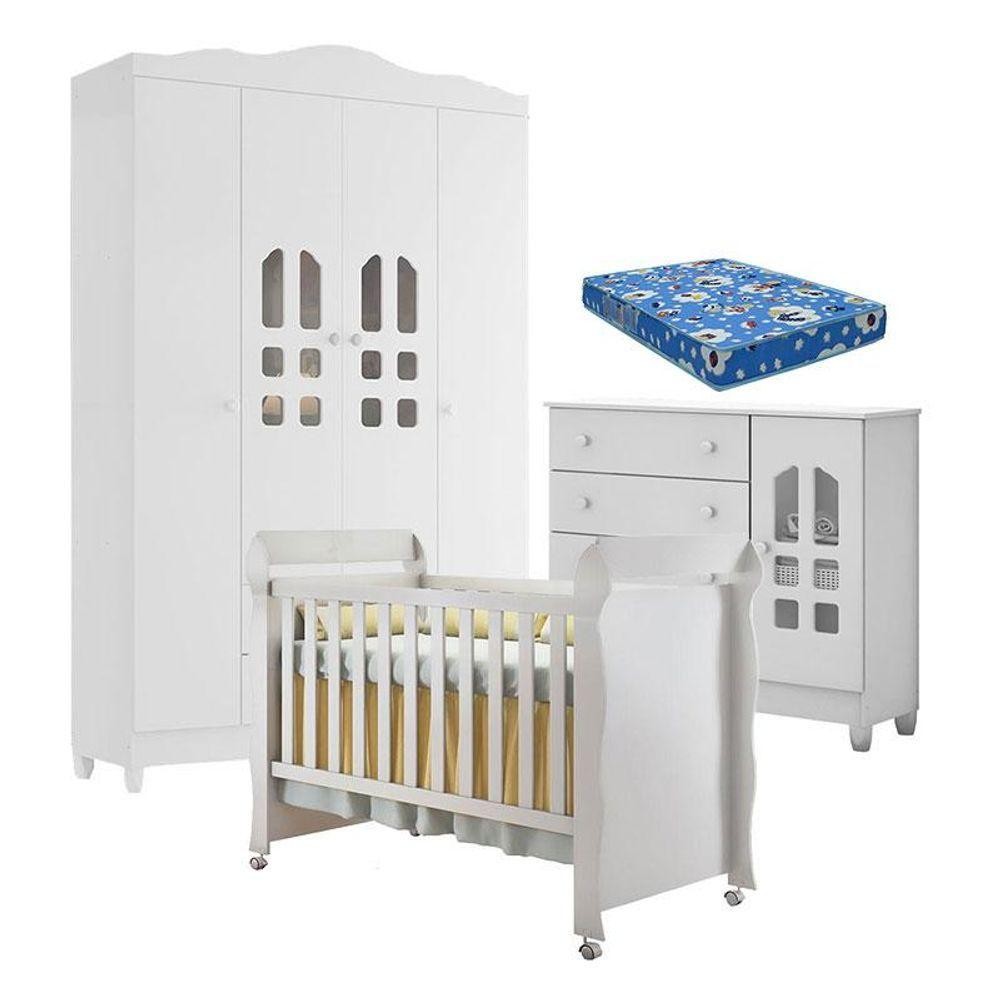 Quarto De Bebê New Selena 4 Portas Cômoda Selena E Berço Mirelle Branco Brilho E Colchão Ortobom em Oferta na Shopee