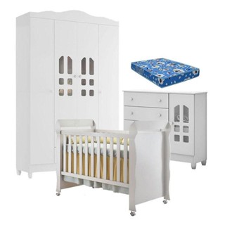 Quarto De Bebê New Selena 4 Portas Cômoda Selena E Berço Mirelle Branco Brilho E Colchão Ortobom em Oferta na Shopee