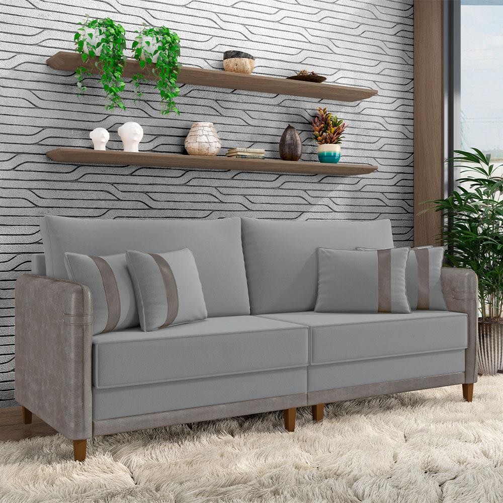 Imagem Sofá Living Montecarlo 2 Lugares Bipartido 192cm Pés em Madeira Veludo/PU Cinza G33 - Gran Belo