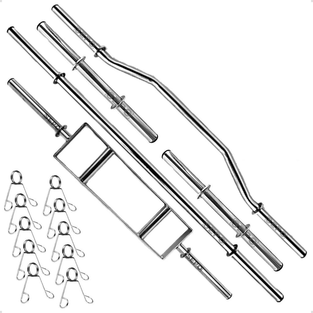 Kit Barra 120Cm 1 Barra H 1 Barra W e 2 Barras 40Cm Prata Zincada com Presilhas Academia Treino Casa
