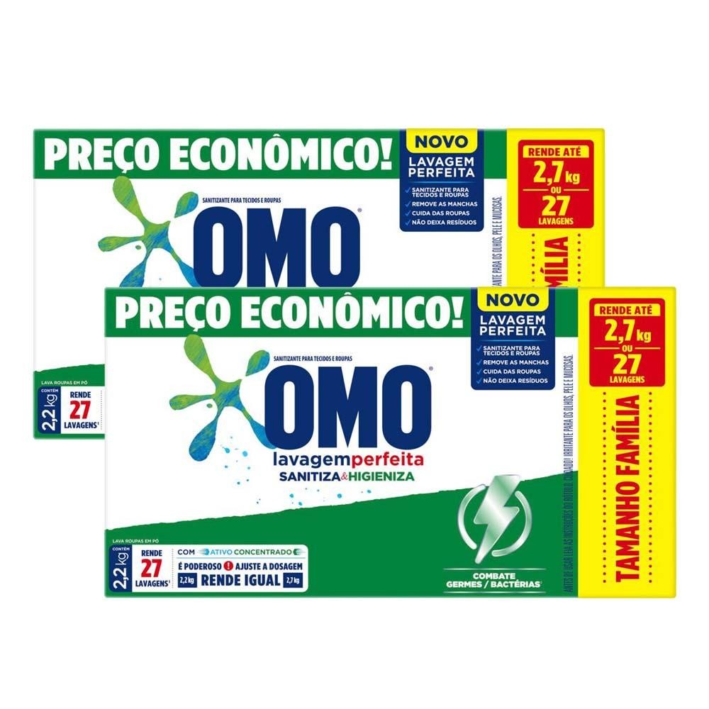 Kit 2 Lava Roupas em Pó Omo Lavagem Perfeita Sanitiza & Higieniza 2,2kg em Oferta na Shopee