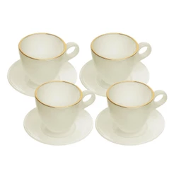 Conjunto 4 Xícaras de Vidro 170ml com Pires Milky Branca Fio de Ouro Wolff para Café Chá Mesa Posta Elegante Sofisticado