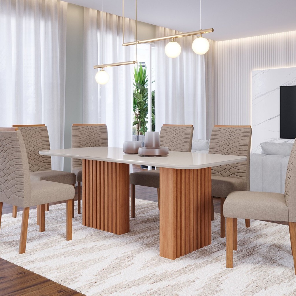 Conjunto Sala de Jantar 6 lugares Retangular Tampo de Vidro/MDF Ester Cadeiras Clarice Wood Cinamomo/Bege