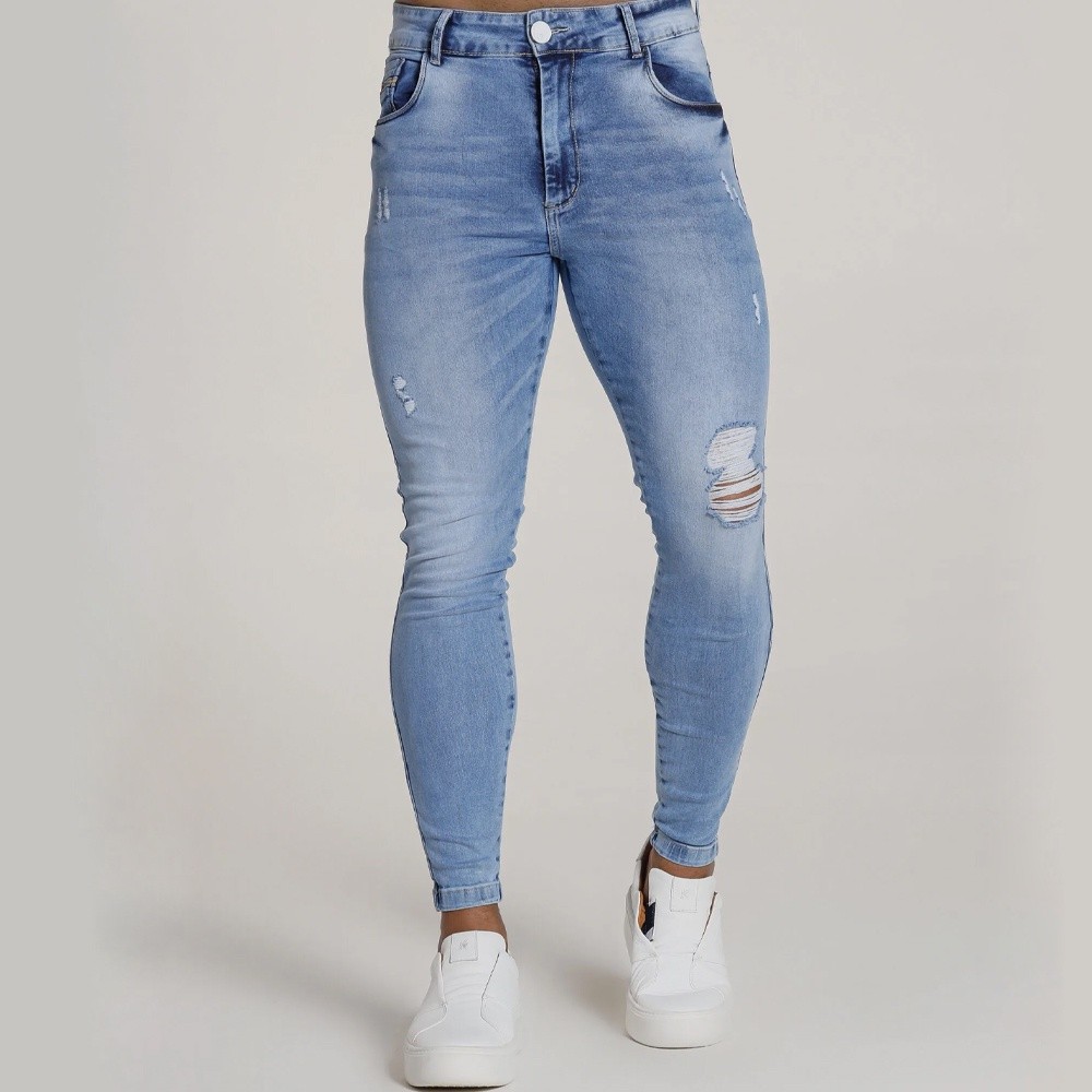 Calça Jeans Skinny Com Destroyed Rasgada Premium Sky Clean Masculina Codi Jeans