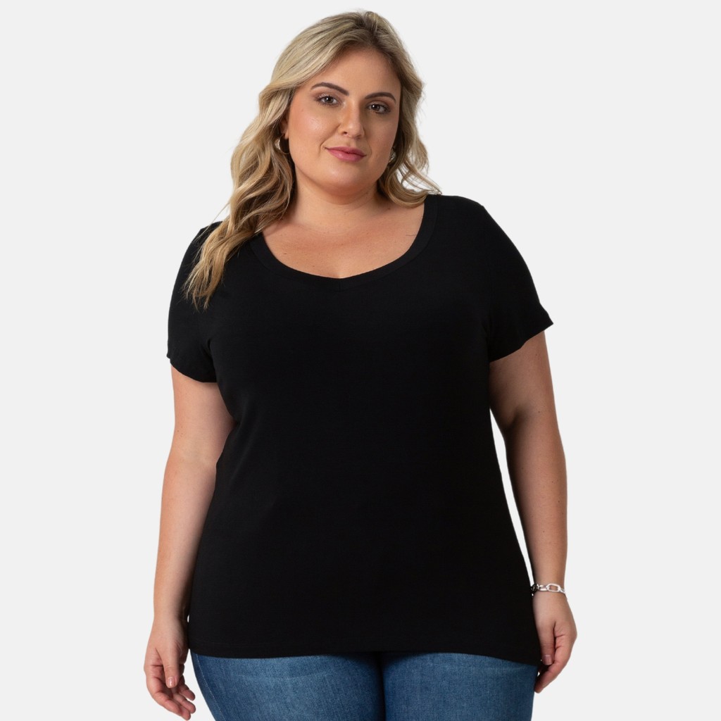 Blusa Decote V Manga Curta De Viscolycra Feminina Plus Size 103836-F1 em Oferta na Shopee