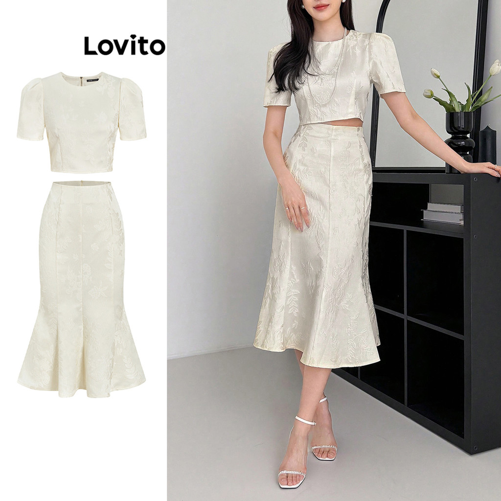 Lovito Conjuntos elegantes de saia plissada lisa para mulheres L99ED113