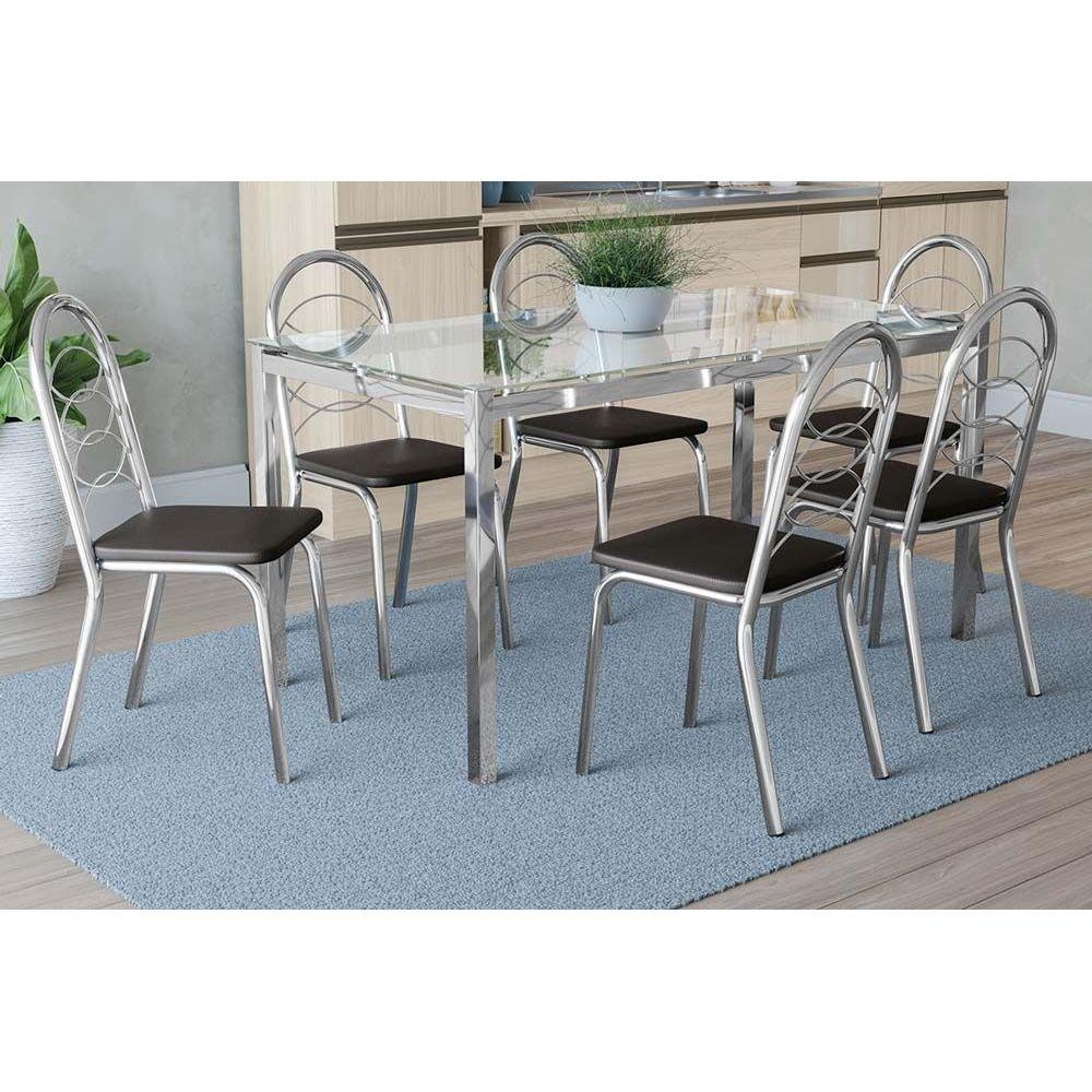 Sala de Jantar Completa Reno c/ Tampo de Vidro 150x80cm e 6 Cadeiras Holanda Cromada/Preto 110 - Kappesberg em Oferta na Shopee