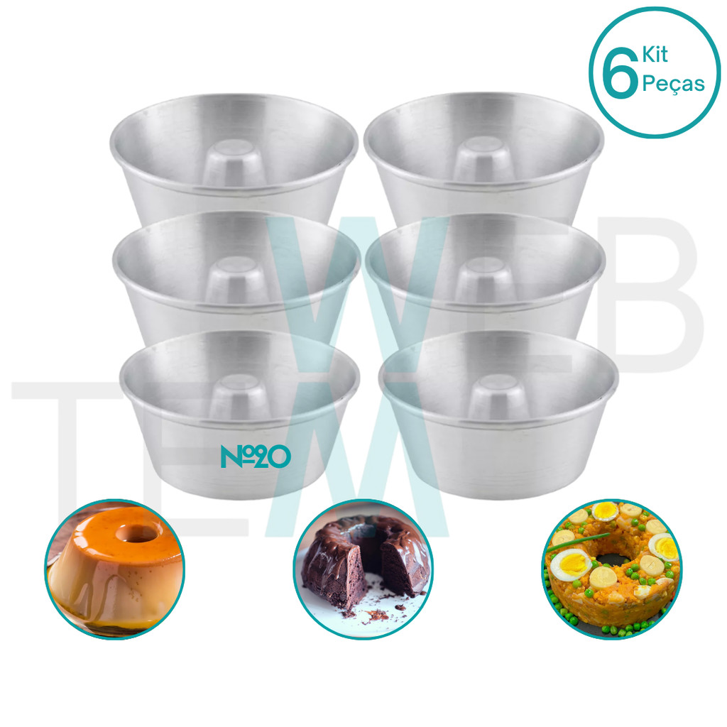 Kit 6 Formas de Pudim 8x20cm de Alumínio Sustentável para Bolos com Furo, Cuscuz,  Pudim, Manjar, Brigadeirão e Sobremesas, Cozimento Uniforme, Fácil Limpeza e Durabilidade, Ideal para Cozinhas Residenciais e Profissionais