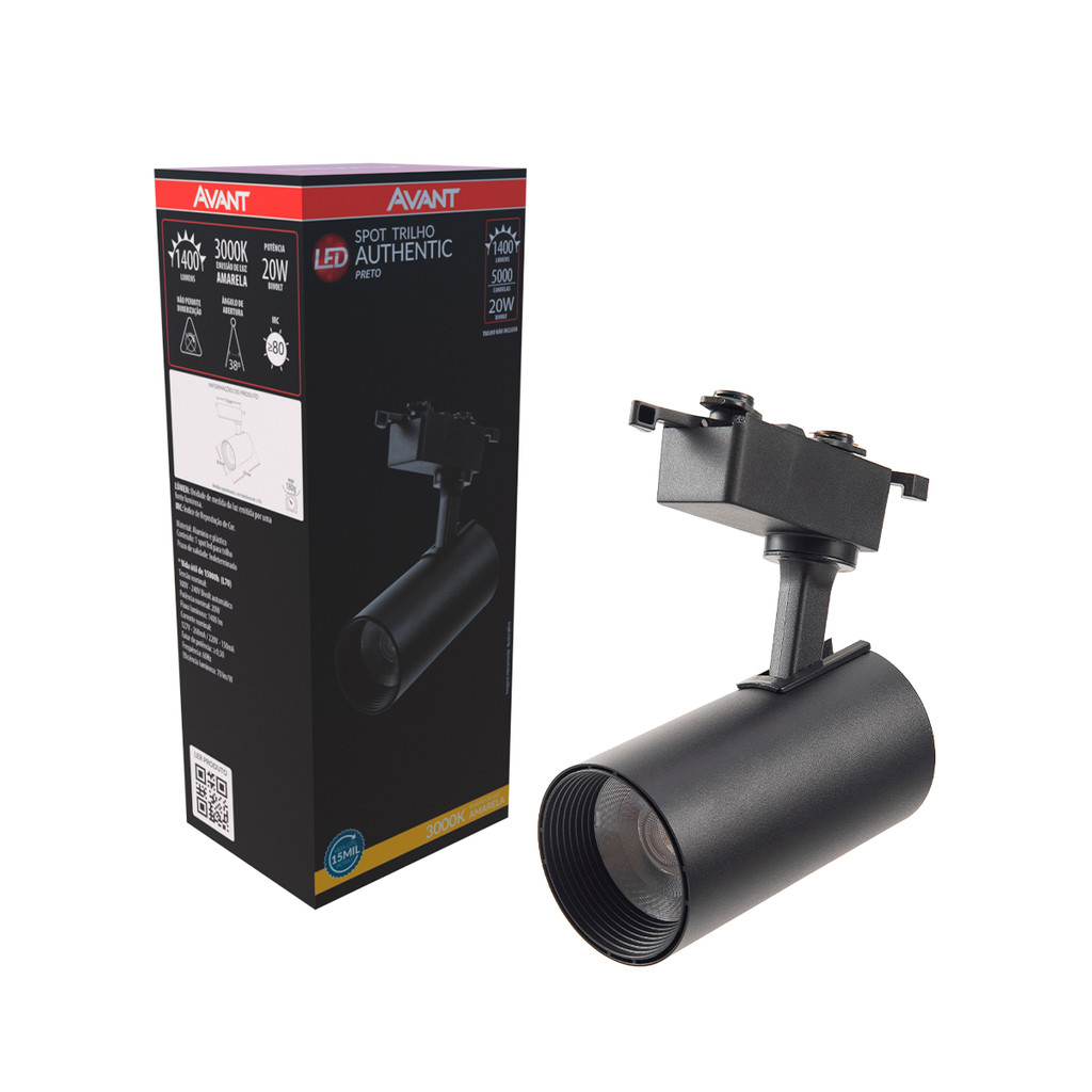 Spot Led Para Trilho Authentic T1 20w 3000k Branco Quente 110v/220v Bivolt IP20 Preto Cod: 251830573 Avant