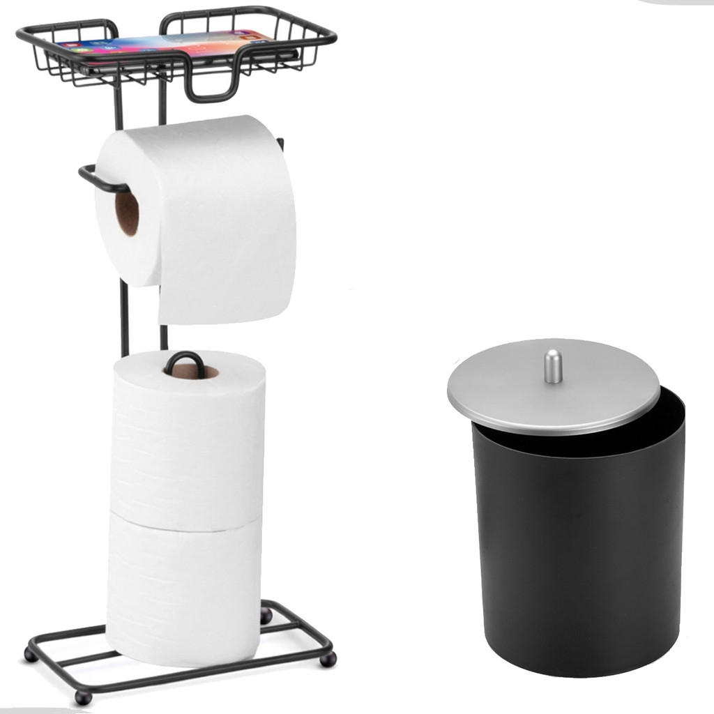 Kit Acessorios Papeleira de Chão Porta Papel Higiênico Lixeira Lavabo Banheiro Preto Luxo Arthi em Oferta na Shopee