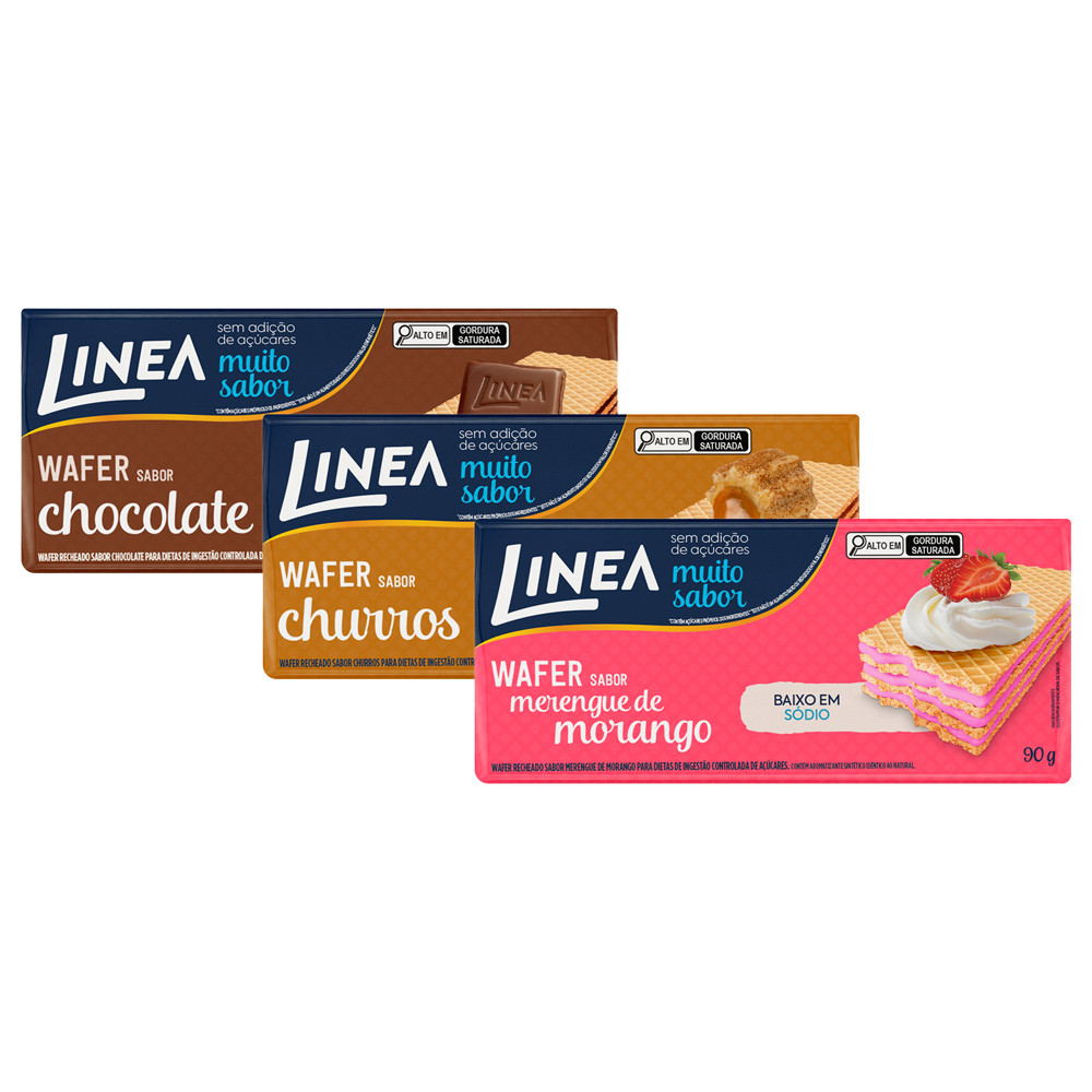 Kit 3 Wafers Linea Sabor Morango, Churros e Chocolate de 90g em Oferta na Shopee