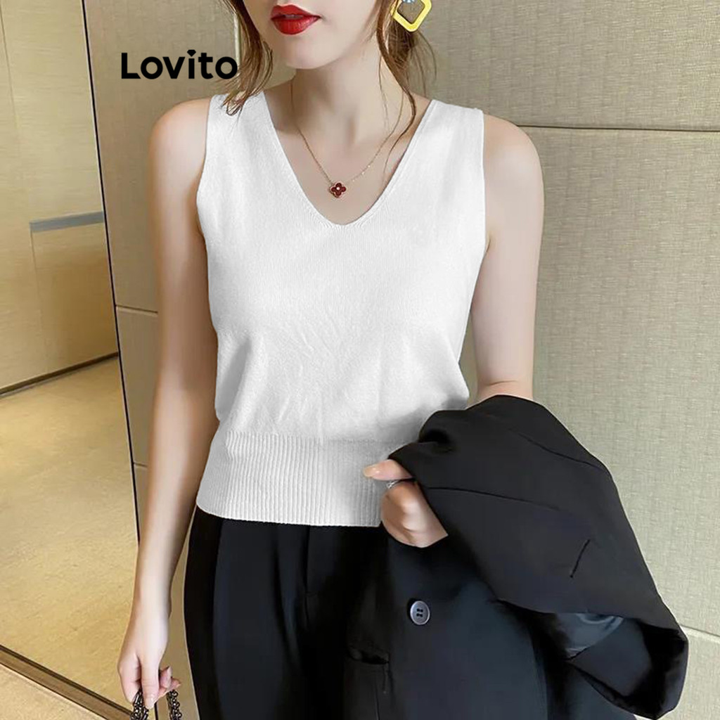 Lovito Tops de Tricô de Alta Elasticidade Básicos Lisos para Mulheres LNE17175 (Branco/Preto) - Women Clothes