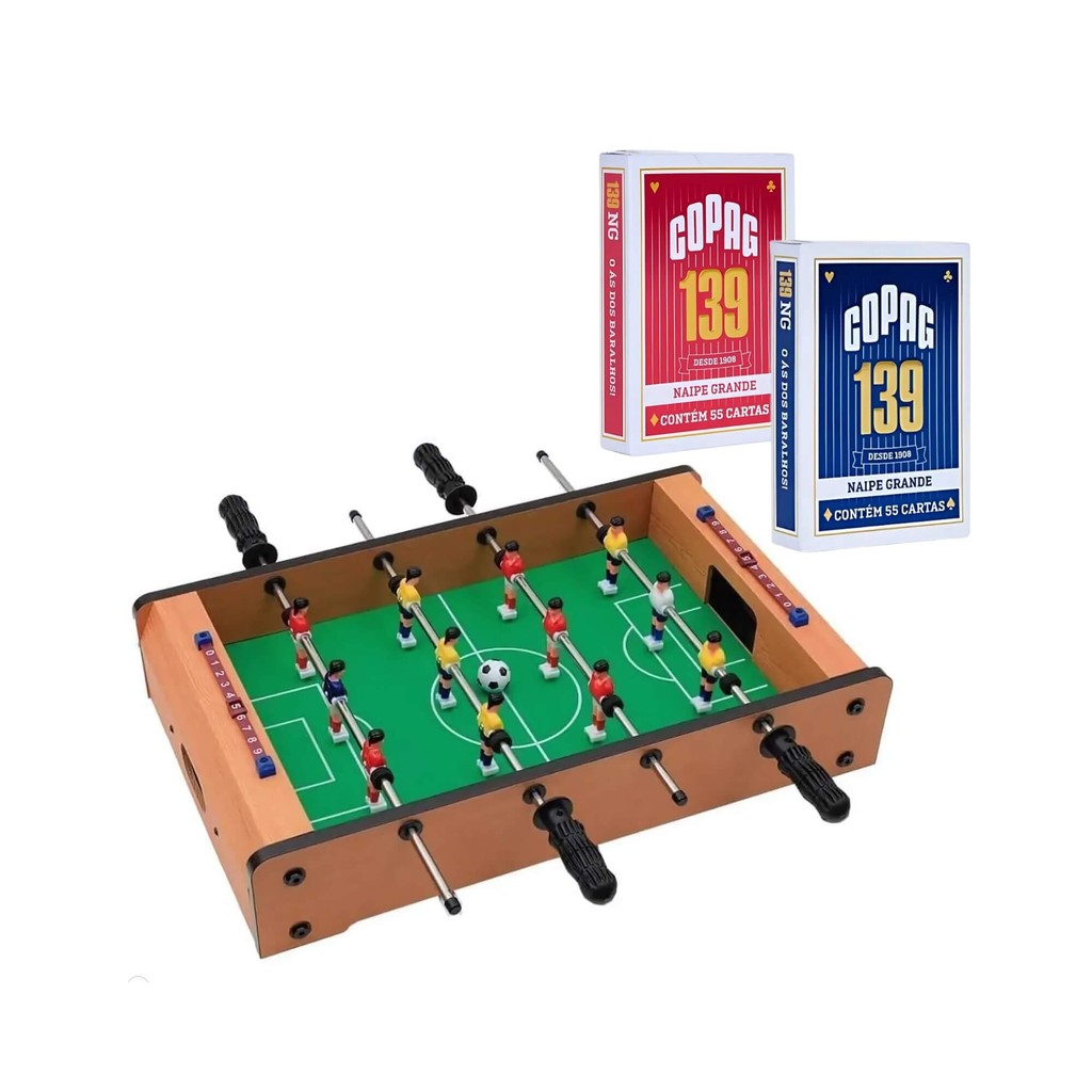 Kit Mesa de Pebolim Madeira 51cm Zippy Toys + 2 Baralhos Copag 139 Azul e Vermelho