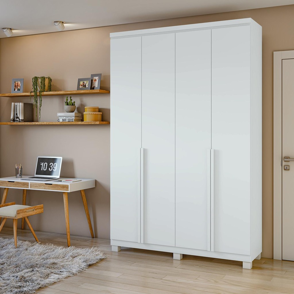 Guarda-Roupa Solteiro 100%MDF Alonzo 4 portas com Pés Branco em Oferta na Shopee