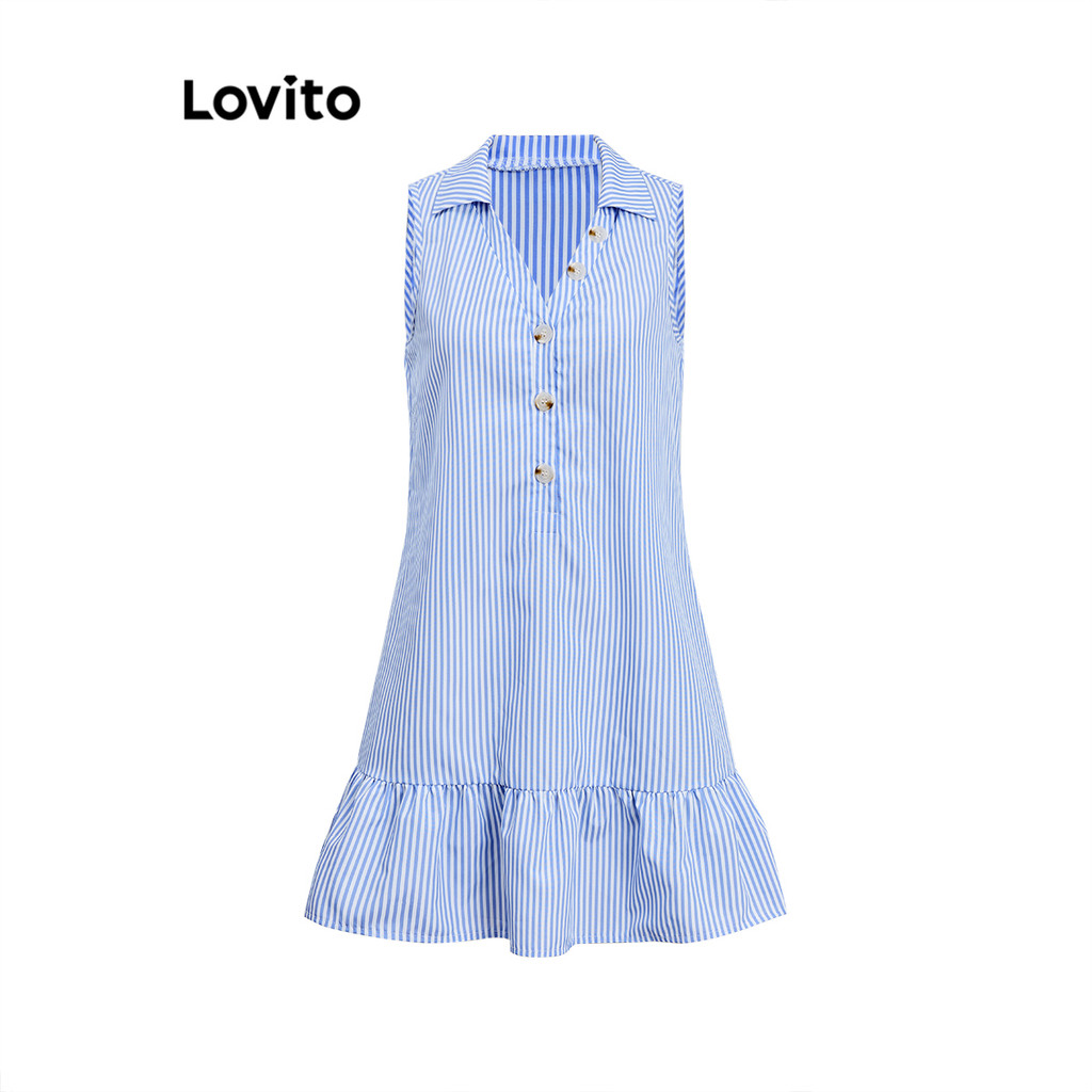 Lovito Vestido Boho listrado com babados e botões na bainha para mulheres L96MD075 - Women Clothes