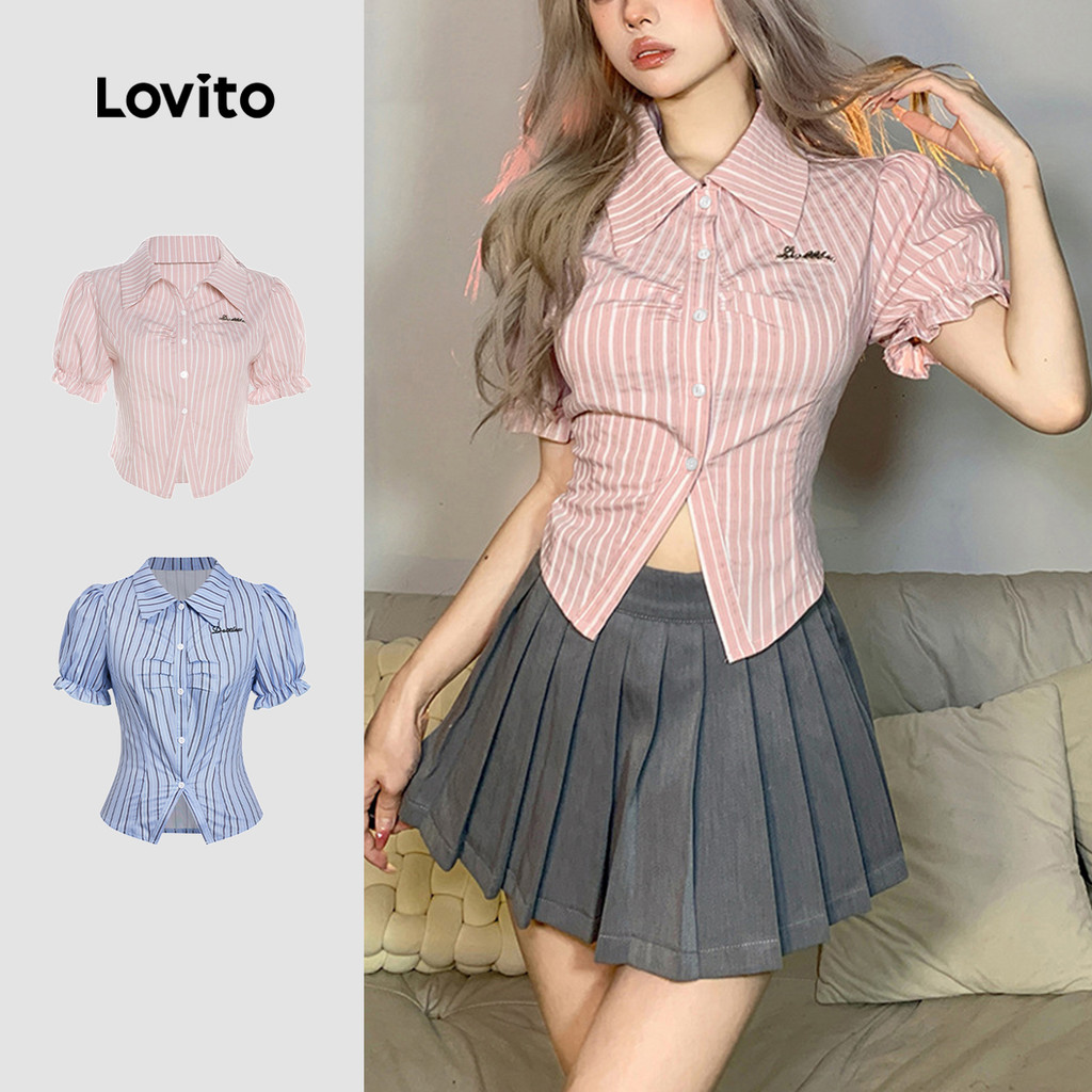 (Hot) Lovito Blusa Casual Listrada Franzida Bordada Manga Bufante Para Mulheres L79AD103 (Multicolorido)