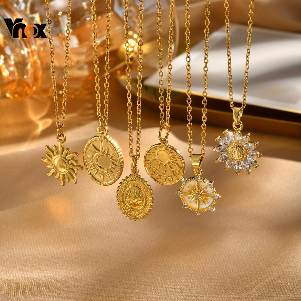 Colar Com Pingente De Girassóis Geométricos Cúbicos De Zircônia Dourada Vnox Para Mulheres , Hipoalergênico De Aço Inoxi
